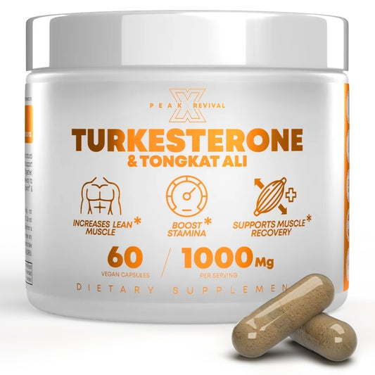 Turkesterone Tongkat Ali Supplement (500mg Ajuga Turkestanica + 250mg Tongkat Ali) 60 Capsules-Turkesterone Supplement 1000mg - Muscle Strength & Recovery Support - Made in The USA BY Peak Revival-X